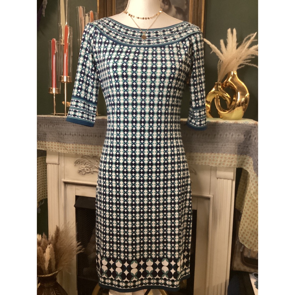 Max Studio Womens Small Teal Navy Geometric Boat Neck Elbow Sleeve Sheath Dress